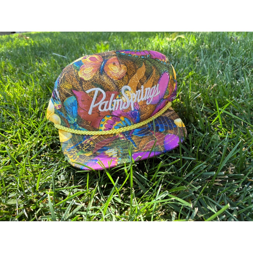 Vintage Nissin Cap Palm Springs Butterfly Floral Trucker Hat Rope Snapback Multi